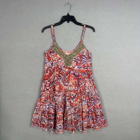 Free People Dress Women Small Red Boho Floral Beaded Jewel Tiered Coastal Resort - Picture 2 of 16